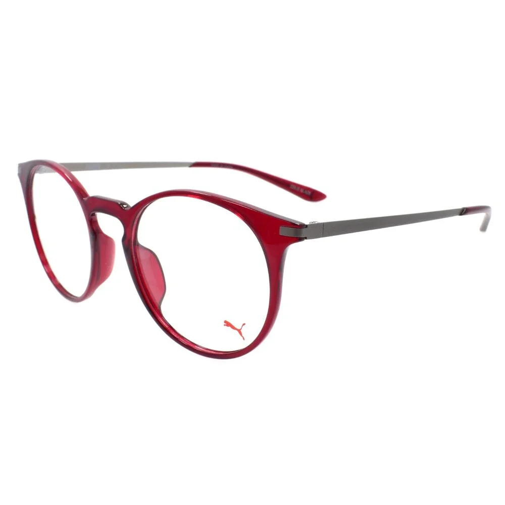 PUMA PU0116O 004 Eyeglasses Frames Round 49-20-145 Burgundy Red / Silver